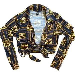 Black and Gold Women's long sleeve with collar crop top front tie shirt size M